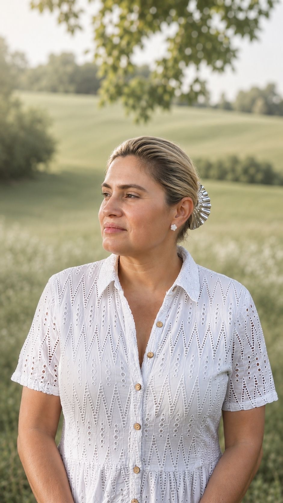 Vanessa Melina blickt lächelnd in die Ferne, umgeben von einer weichen grünen Landschaft
