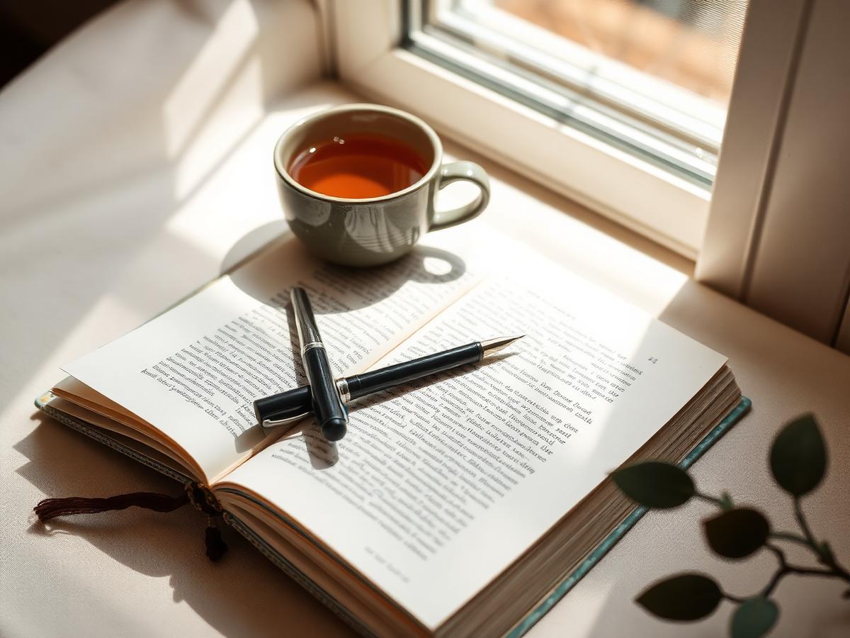 Offenes Journal mit Füllfederhalter und einer Tasse Tee am Fenster – Raum für Reflexion
