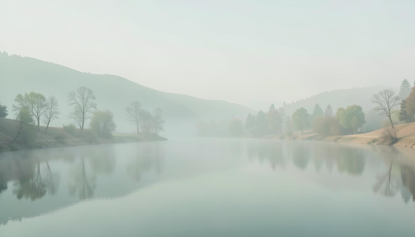 Sanfter Morgennebel über einem stillen See mit Bäumen und Hügeln in zarten Salbei- und Petroltönen